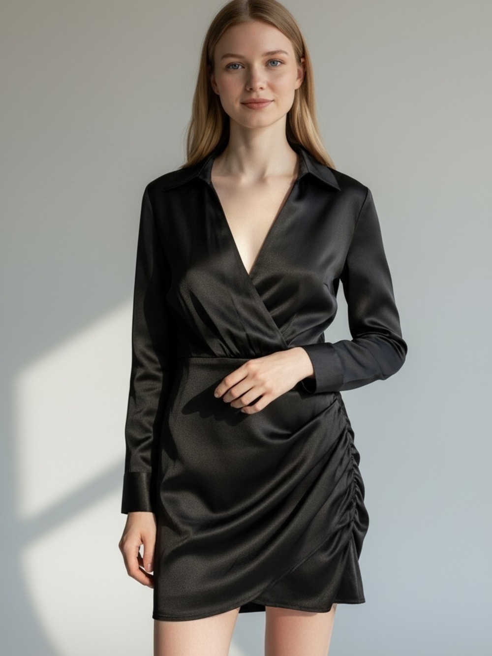 ZARA Black Satin Effect Draped Long Sleeve Shirt Mini Dress Size Medium